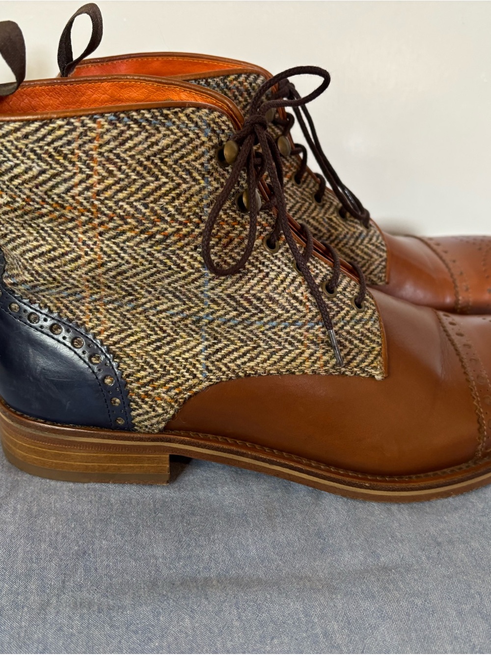 Liebre Style Handmade in Portugal - Leather & Tweed Lace-Up Ankle Boots Size 40
